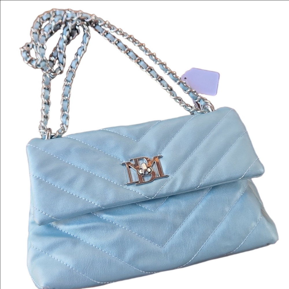 Badgley Mischka gorgeous Vegan Leather quilted metallic blue soft crossb…